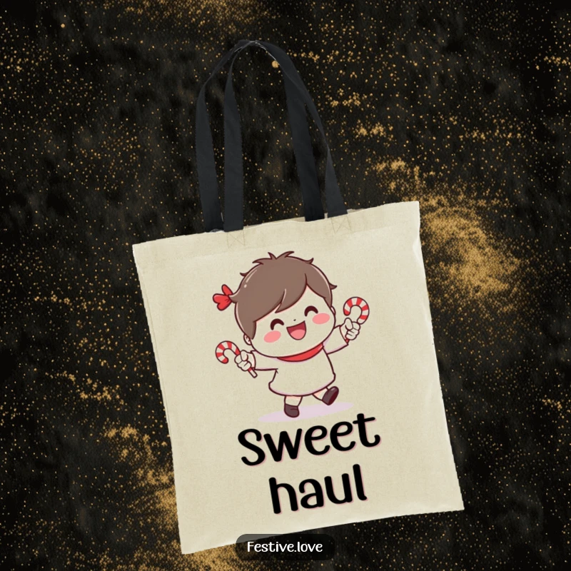 Funny tote bag showcasing a cheerful character dancing with tiny candy canes and a wide smile, perfect for everyday use.